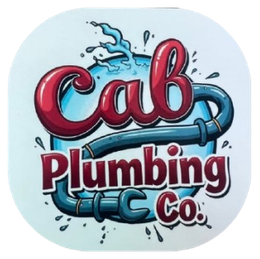 Cab Plumbing Co. logo with red, blue, and white colors: stylized text and plumbing elements, water splash effect.