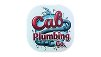 Logo for Cab Plumbing Co. Red bubble letters, hose and wrenches. Water splashes out. Blue and red color scheme.