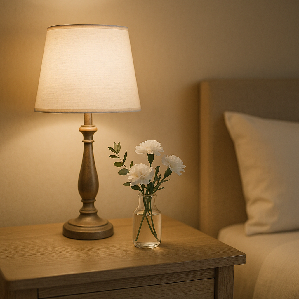 “Peaceful bedside table with flowers and soft lamp”