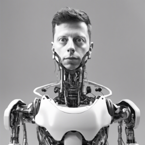 a black and white photo of a robot looking at the camera