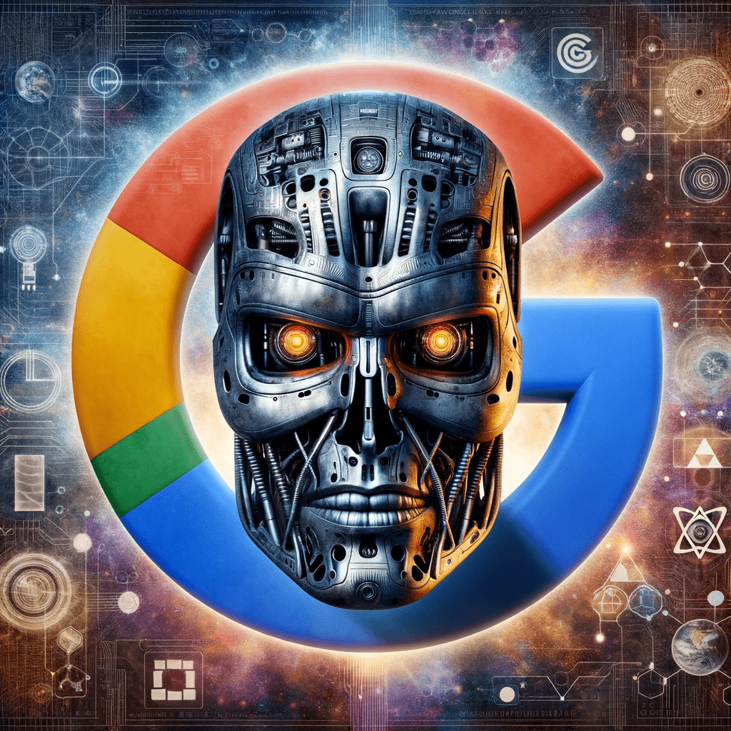 a robot head is sitting inside of a google logo