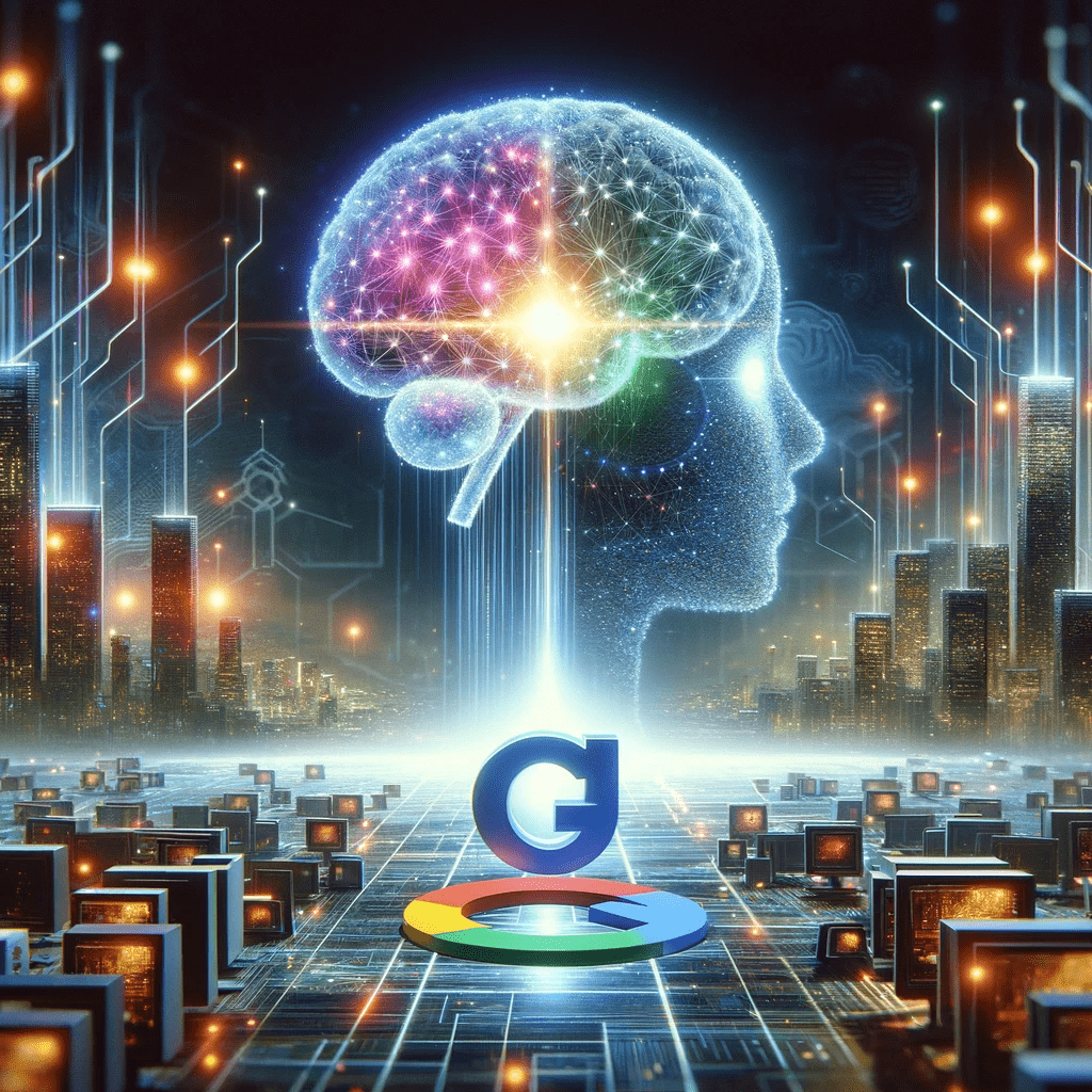 a computer generated image of a brain and the google logo .