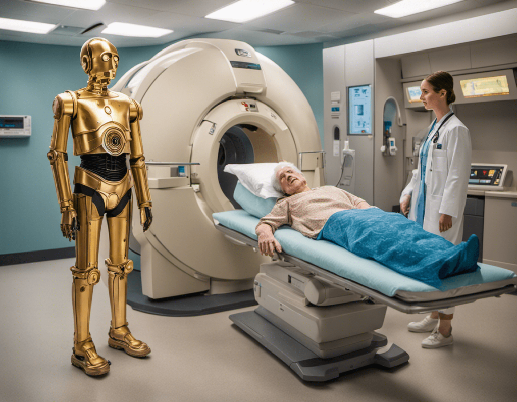Image of C3PO, MRI machine with patient, and doctor