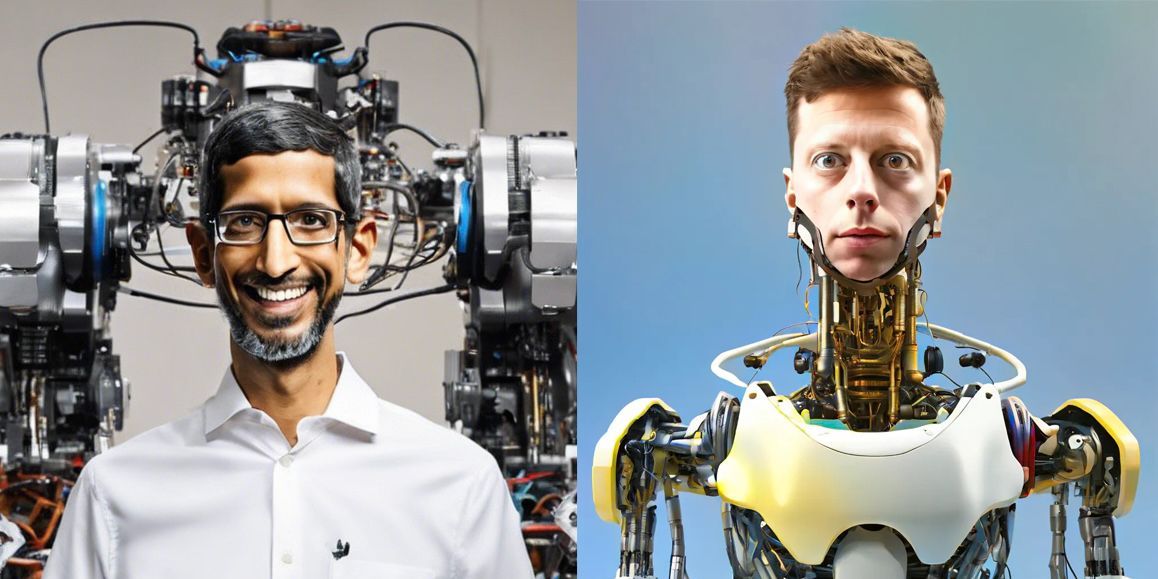 A man and a robot are standing next to each other.