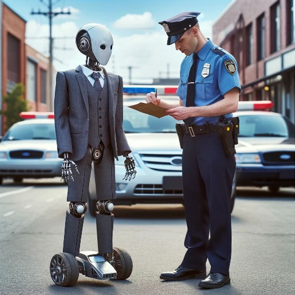 a police officer is writing on a clipboard next to a robot