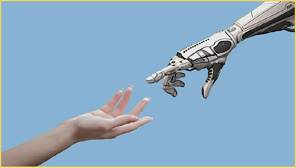 a robotic hand is reaching out to a human hand .