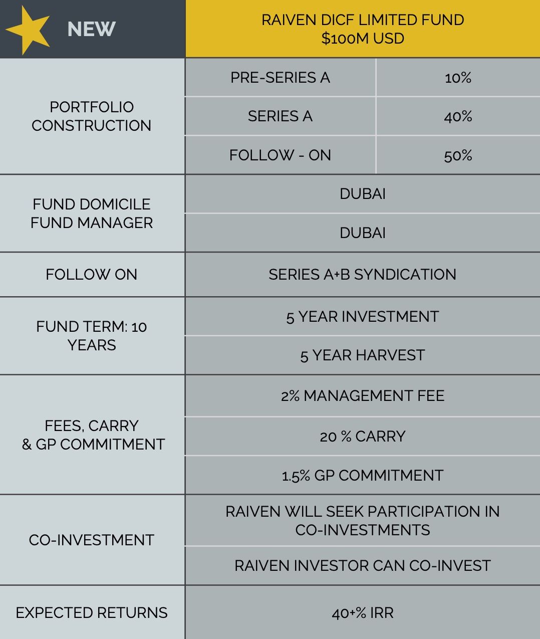 a table showing the features of raven dcf limited fund