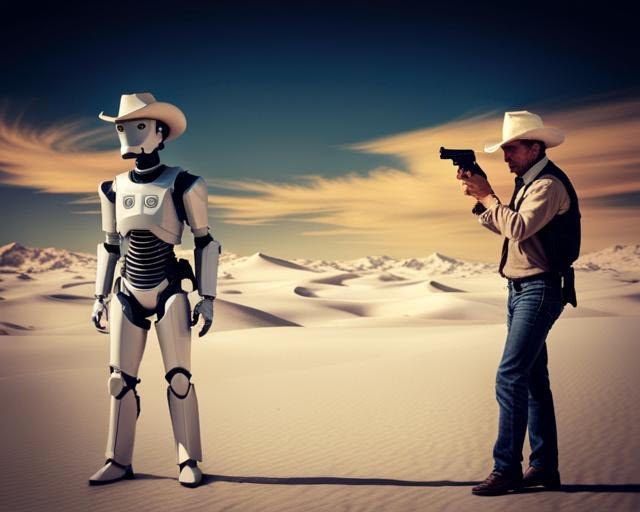 AI generated image of a robot and a cowboy in the desert