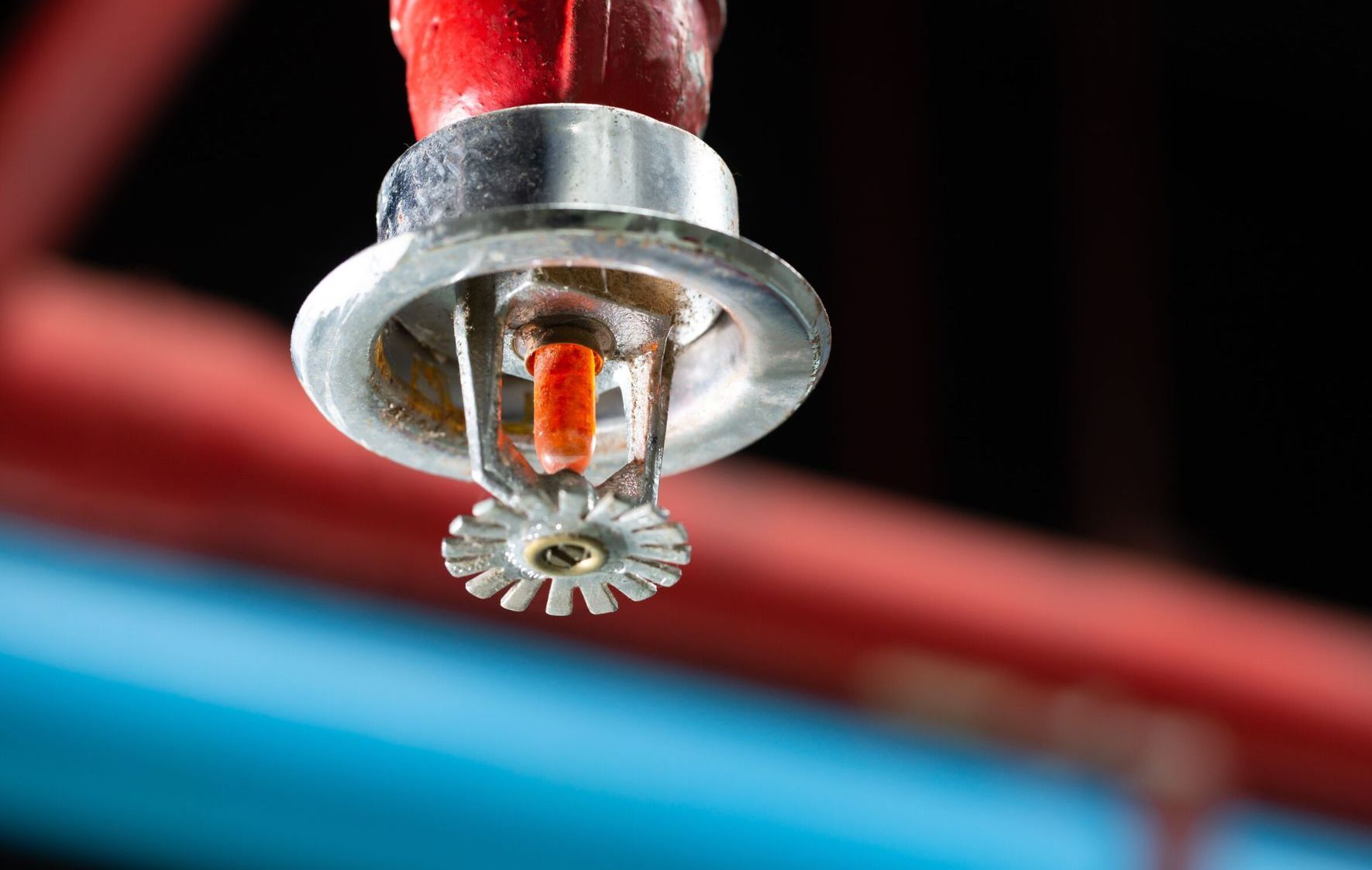 A fire sprinkler is hanging from the ceiling of a building.