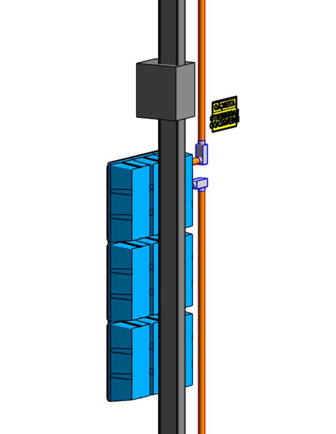 Um semáforo azul está preso a um poste.