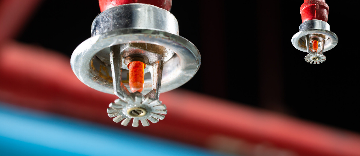 Two fire sprinklers are hanging from the ceiling of a building.