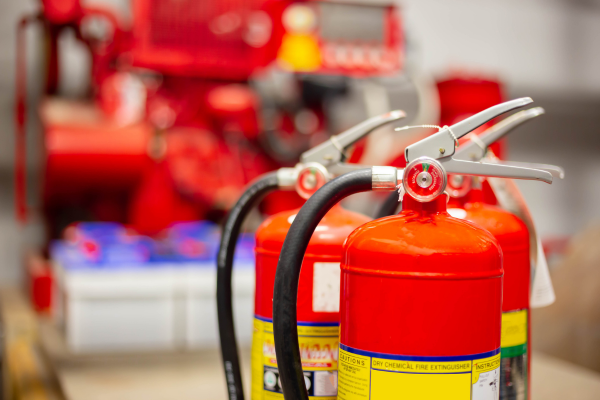 Two bright red fire extinguishers with black hoses stand in the foreground, with industrial machinery blurred behind.