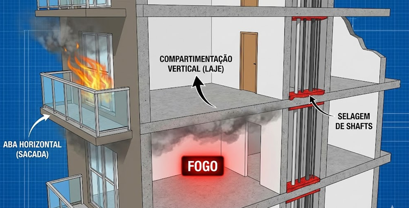 Diagram showing how fire-rated compartmentation walls contain a fire in one room, preventing its spread to an adjacent area.