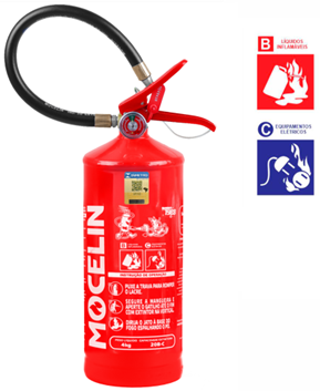 A red Mocelin fire extinguisher with a black hose and symbols indicating it is suitable for Class B and C fires.