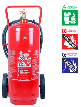 A red fire extinguisher with a label explaining its usage instructions, safety icons, and maintenance contact details.
