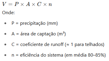fórmula para cálculo do volume dos reservatórios de água vindos da captação pluvial