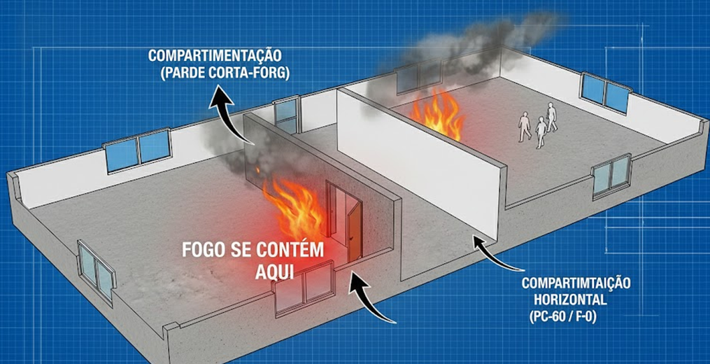 Diagram showing how fire-rated compartmentation walls contain a fire in one room, preventing its spread to an adjacent area.