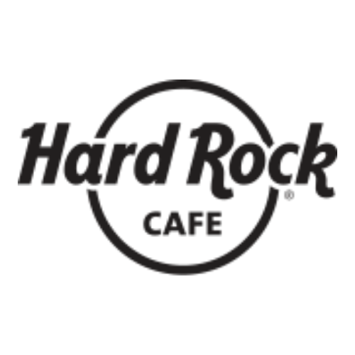 O logotipo do hard rock cafe é preto e branco em um fundo branco.