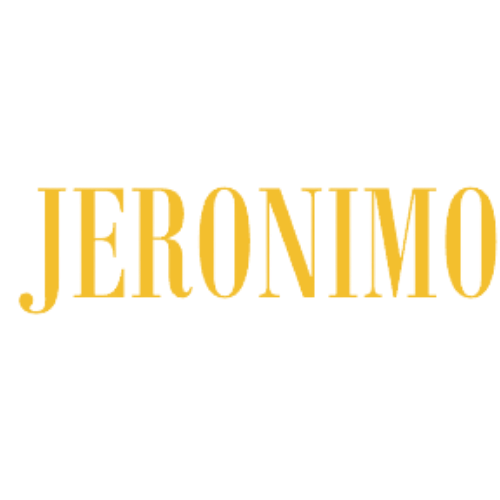 Um logotipo para Jeronimo em letras douradas em um fundo branco