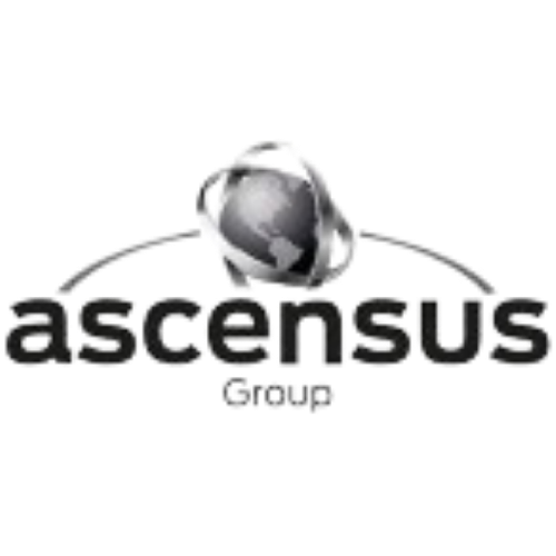 Um logotipo preto e branco para o grupo ascensus com um globo no meio.