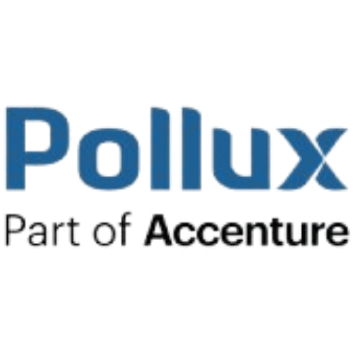Um logotipo azul e branco para pollux parte da accenture
