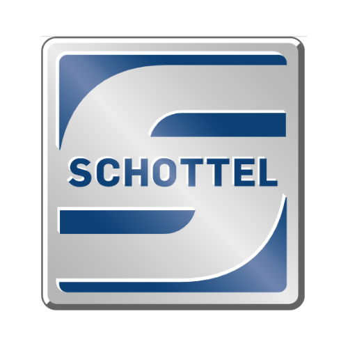Um logotipo prateado e azul para schottel com um as nele