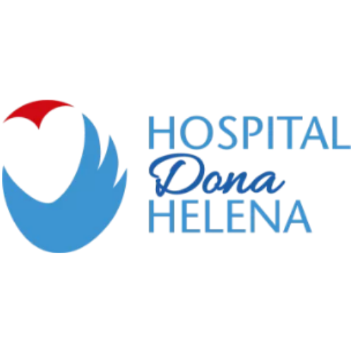 Um logotipo azul e vermelho para o hospital dona helena