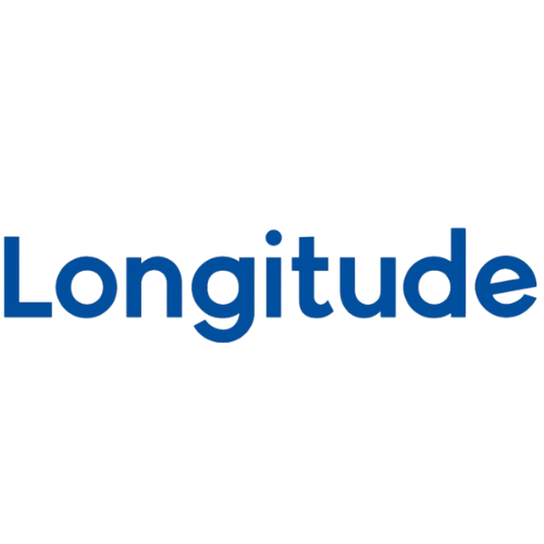 O logotipo da longitude é azul e branco em um fundo branco.