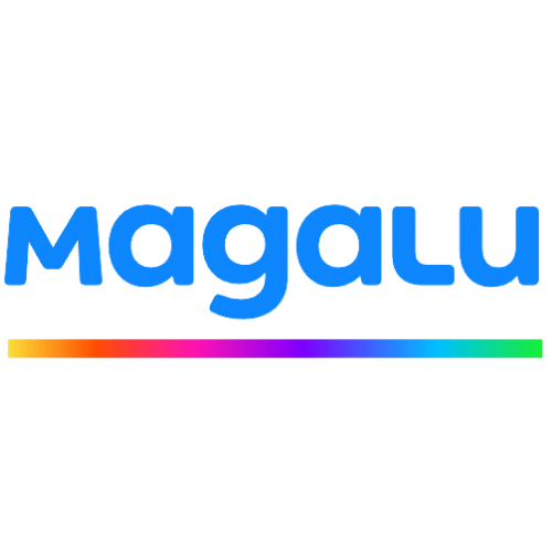 Um logotipo azul com uma faixa de arco-íris por baixo