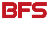 O logotipo da bfs é vermelho e branco em um fundo branco.