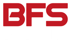 O logotipo da bfs é vermelho e branco em um fundo branco.