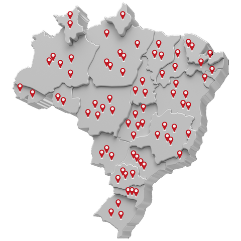 Um mapa 3D do Brasil com pinos vermelhos.