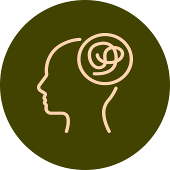 Silhouette of a head with a swirling symbol inside, representing thoughts, against a dark green circle.