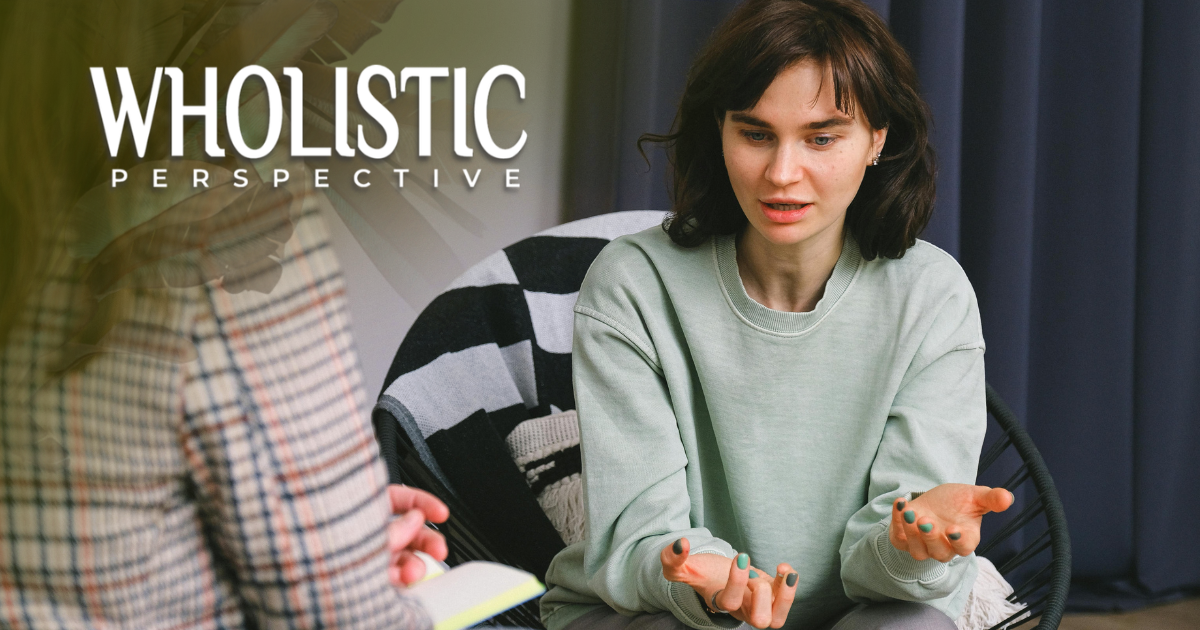 A person in a light green sweater gestures while talking to someone in a plaid shirt. Text reads: