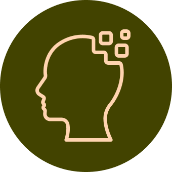 Outline of a head with fragmented squares, on a dark green circle.