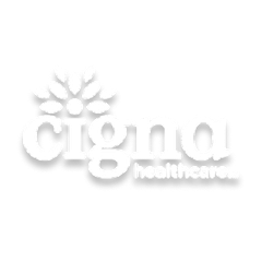 Cigna Healthcare logo in white with a flower design and the word 