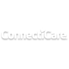 ConnectiCare logo, white text with a shadow, a health care provider.