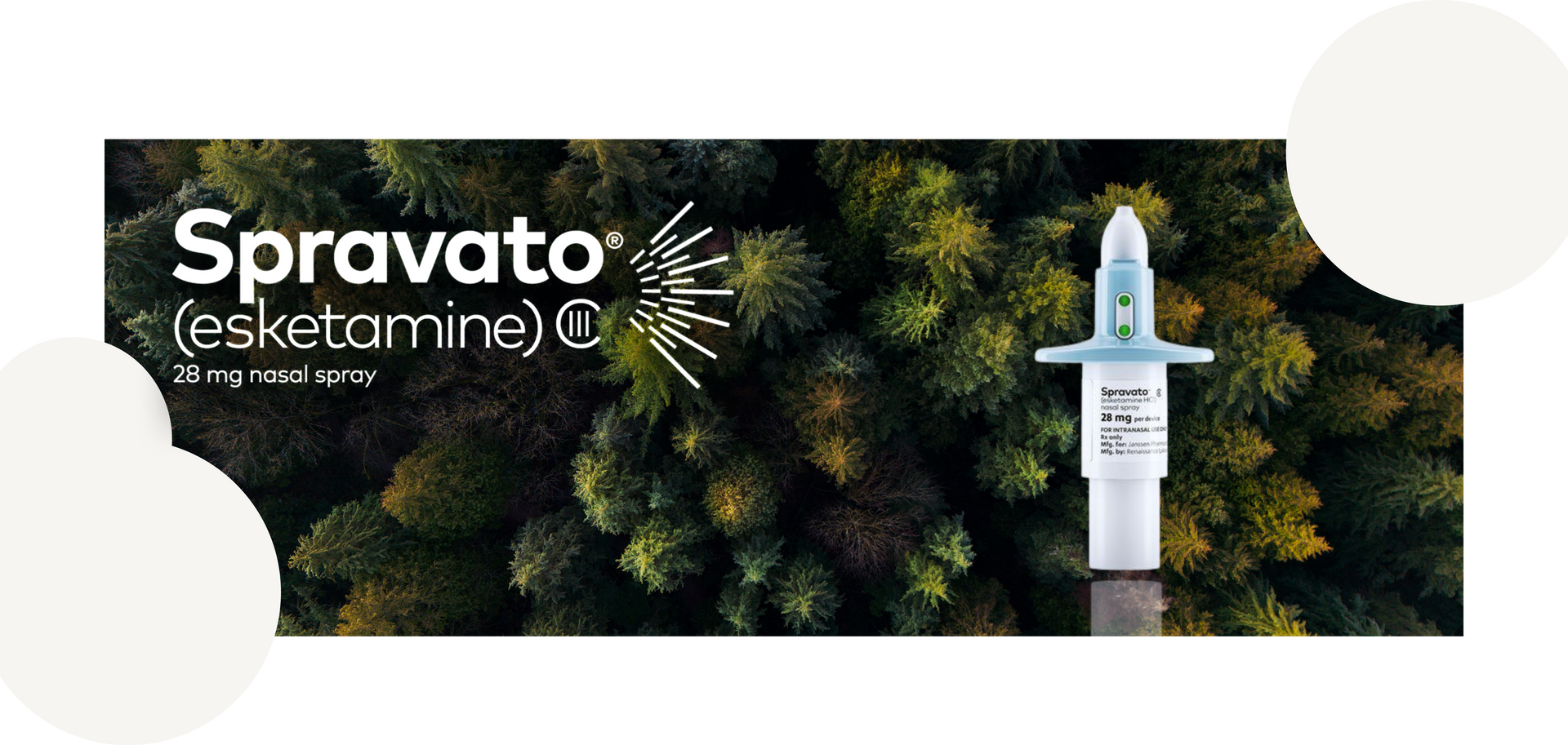 Spravato nasal spray and logo over forest background with white circles.