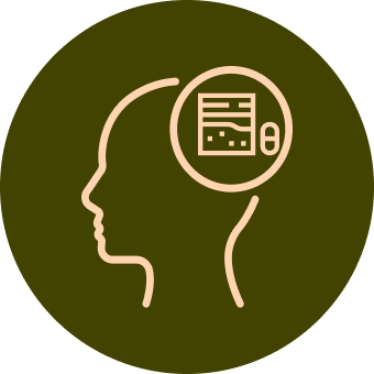 Profile of a head with a circle in the head showing a container with contents and a pill.