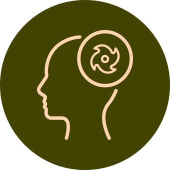 Outline of a head with a swirling vortex inside a circle, set in a green circle.