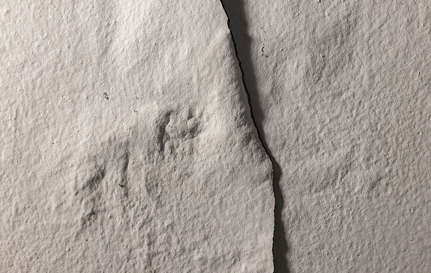 Close-up of a rough gray concrete crack with a faint handprint-like mark nearby