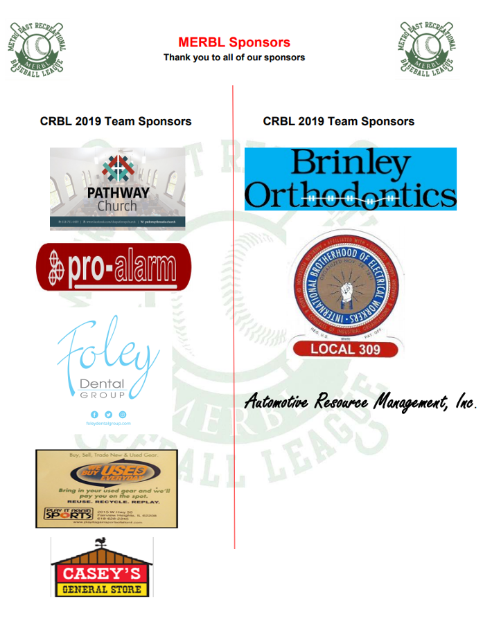 Sponsors for CRBL baseball league: logos of Pathway, Pro-alarm, Foley, El Mezcal, Casey's, and others.