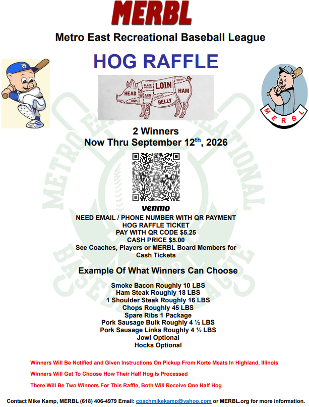Poster for a hog raffle, featuring a pig diagram and prize examples;