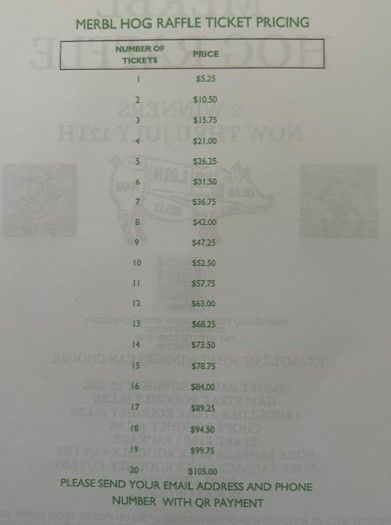 Raffle ticket pricing chart: Numbers of tickets and prices for MERL HOG raffle. Includes instructions for payment.