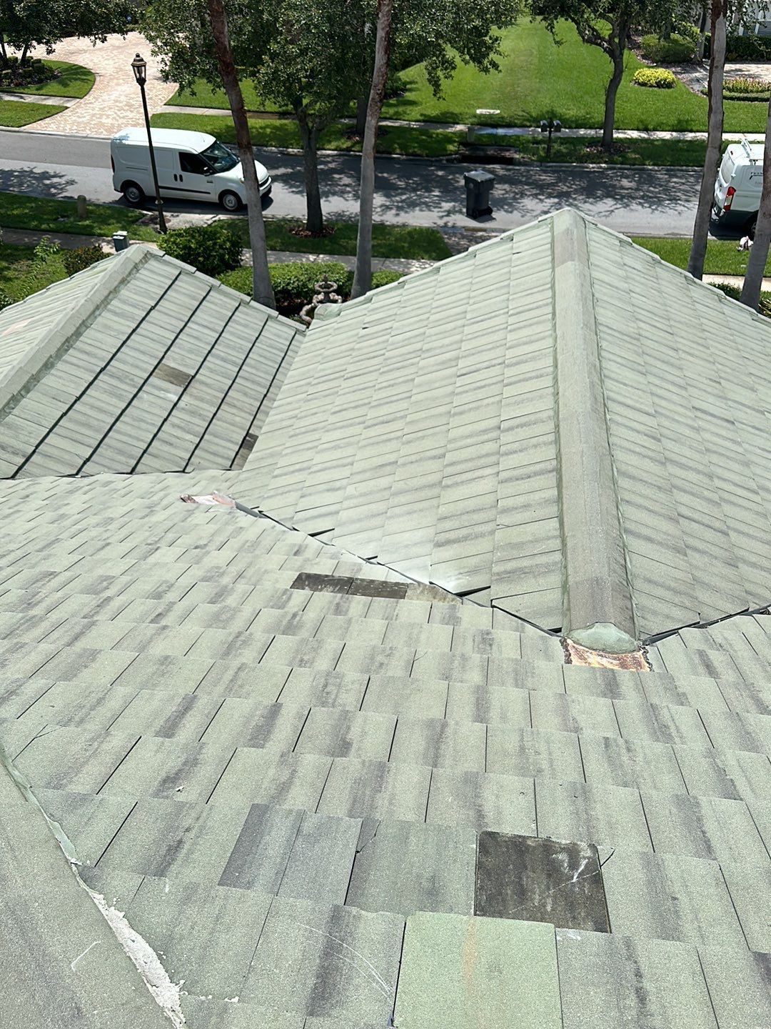 Close-up of a newly installed asphalt shingle roof.