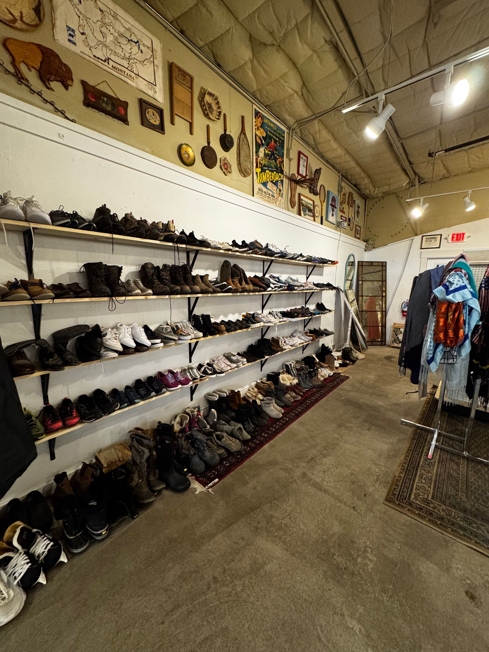 Shoe store interior with shelves displaying various footwear. Artwork decorates the wall above the shelves; a rug lines the floor.