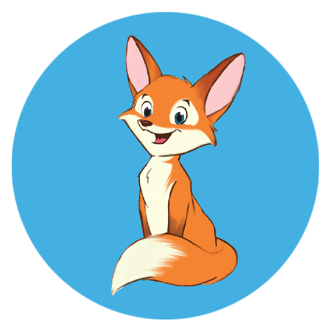 Illustrated swifty fox sitting upright with fluffy tail wrapped around his paws