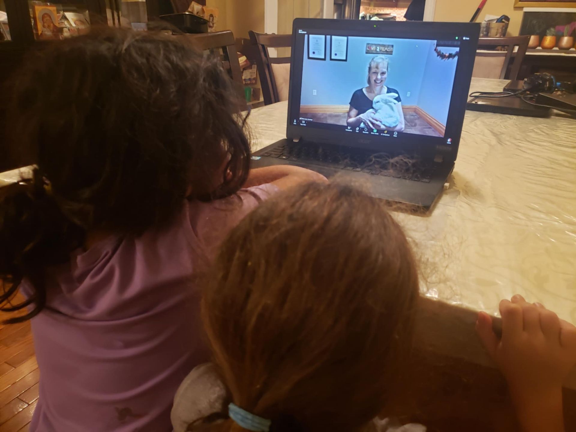 Two children sitting at the edge of their kitchen table with a laptop where they are watching a woman who is holding a bunny