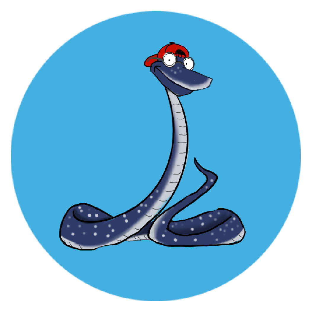 Illustrated blue racer snake wearing a red baseball cap backwards