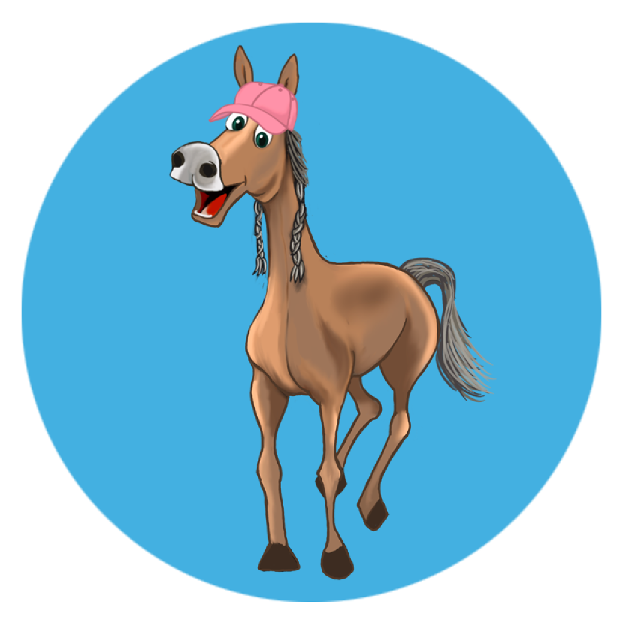 Illustrated Lac La Croix indigenous pony wearing a pink baseball cap with a braided maine